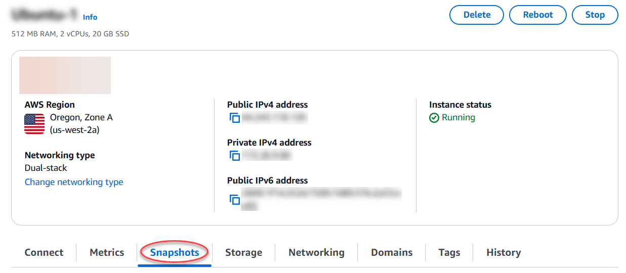 AWS Lightsail server dashboard showing the server location, internet addresses, status, storage, networking, and snapshots