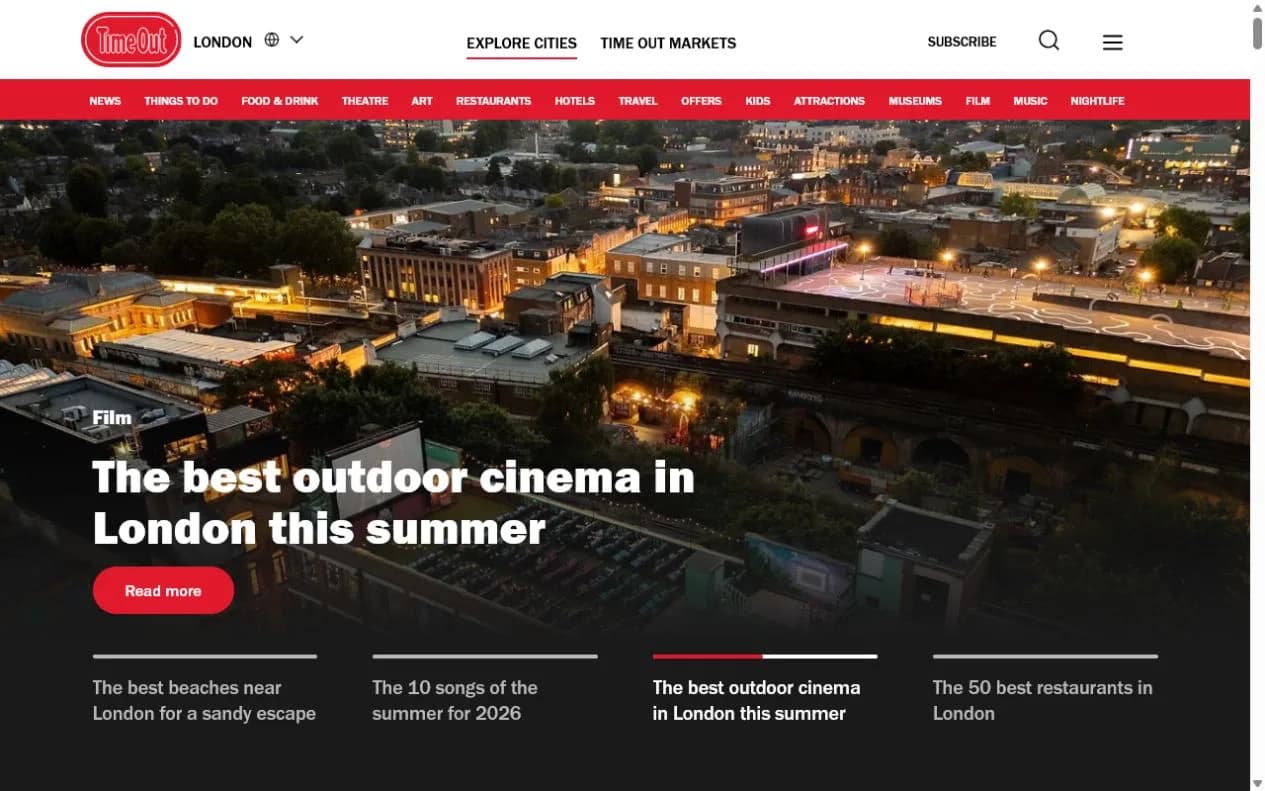 Time Out London homepage with local categories and a featured outdoor cinema guide