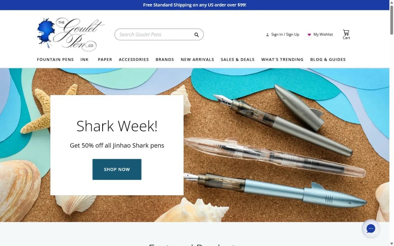 Goulet Pens homepage with specialist fountain pen categories, products, and guides