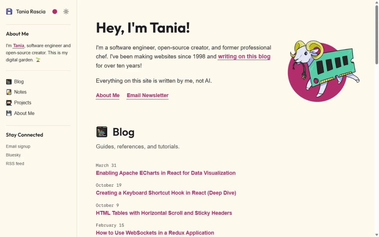Tania Rascia's portfolio homepage with an introduction, project links, and recent writing