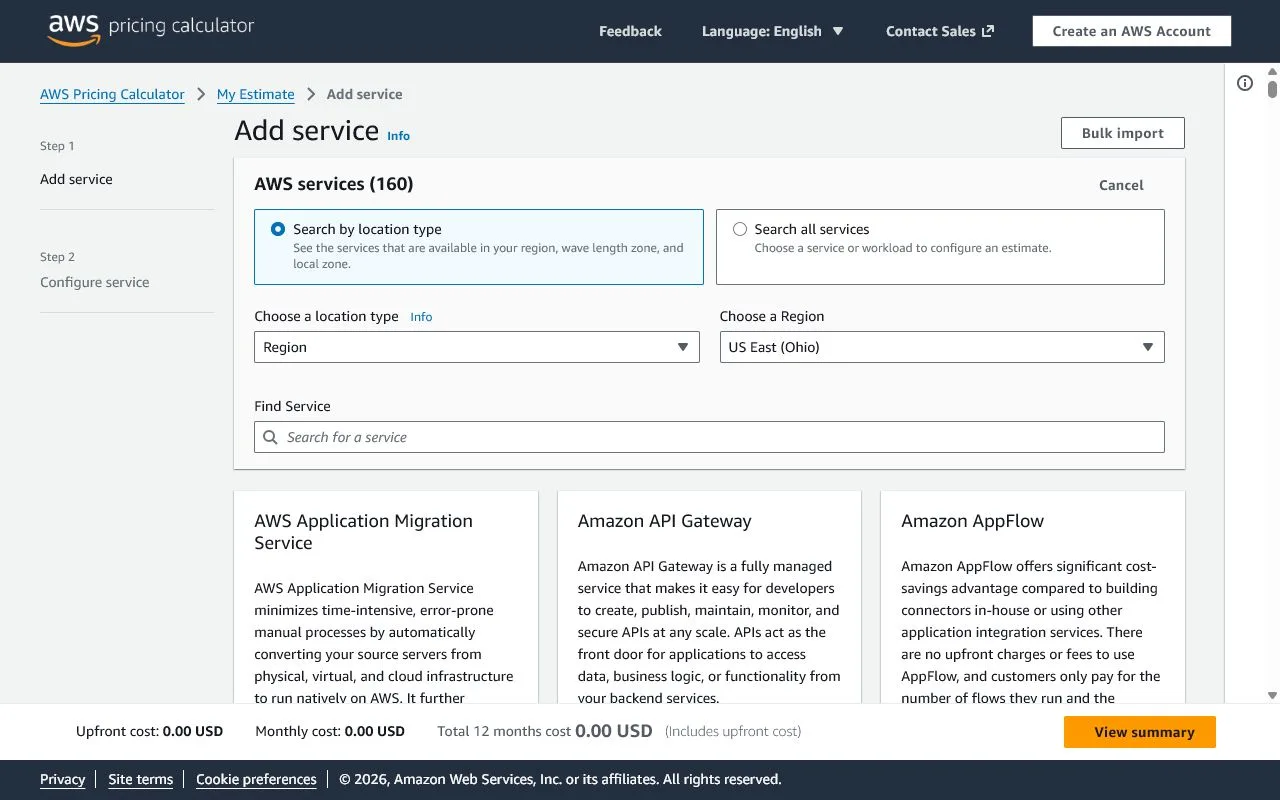 AWS Pricing Calculator showing service choices, configuration steps, and a running cost summary