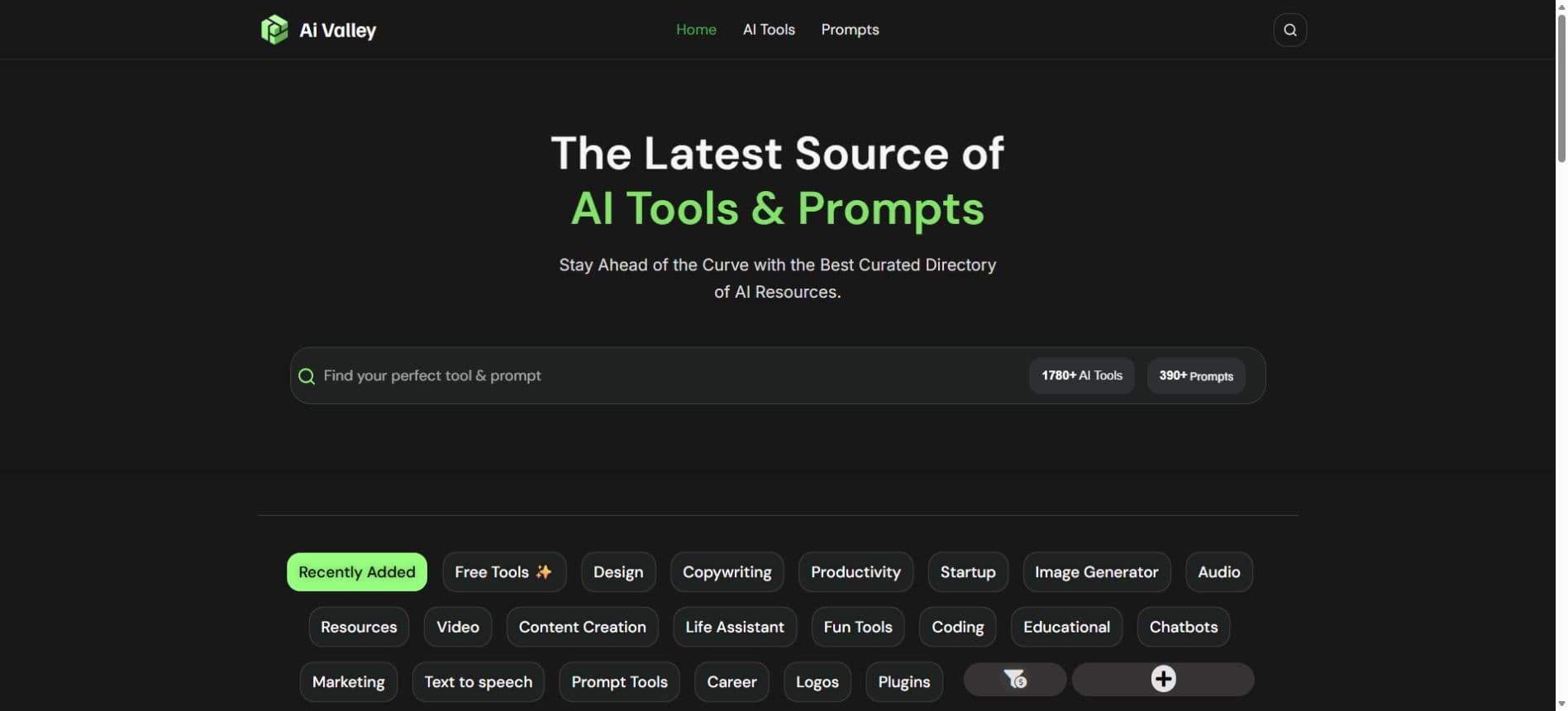 AI Valley's current AI tool directory homepage