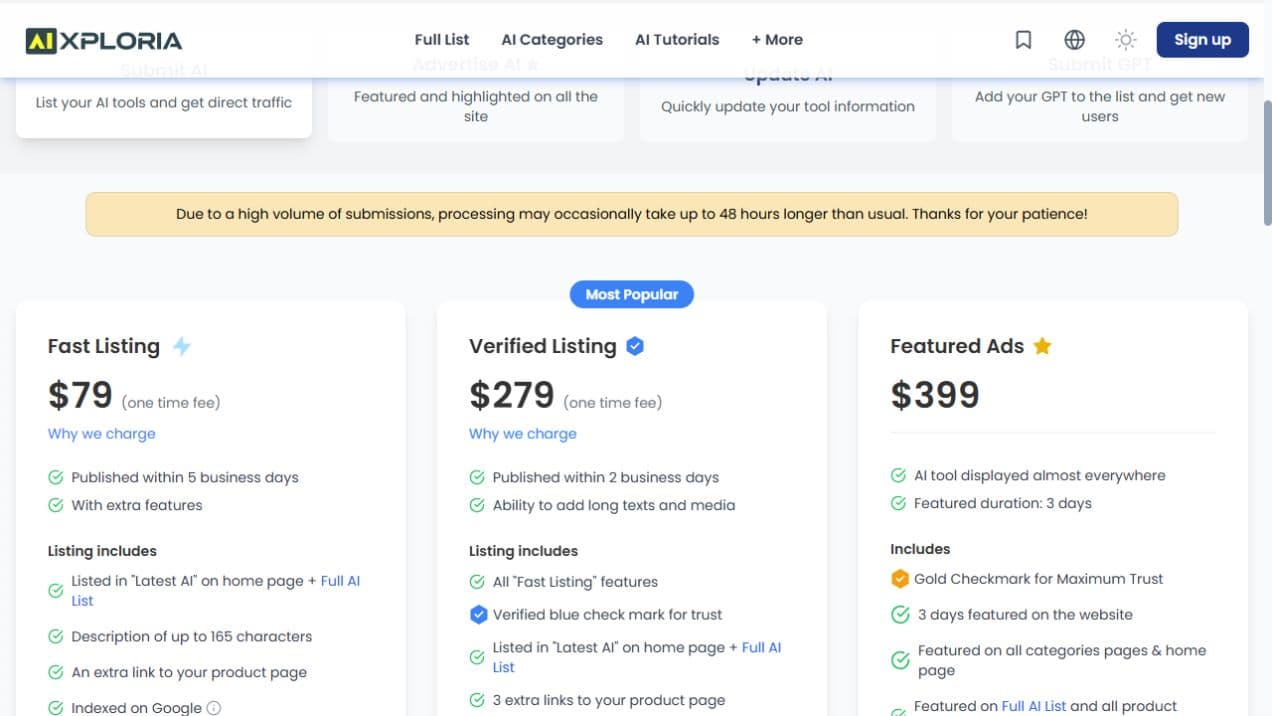 AIxploria's current paid listing plans