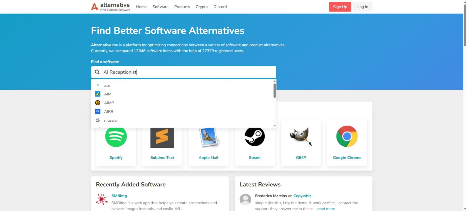 Alternative.me search suggestions without an exact AI Receptionist result