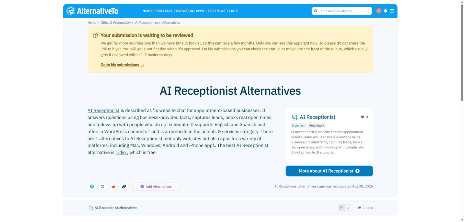 AI Receptionist waiting for review on AlternativeTo