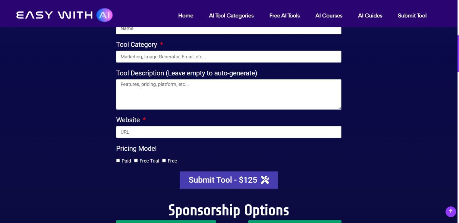 Easy With AI submission form showing the 125 dollar payment button