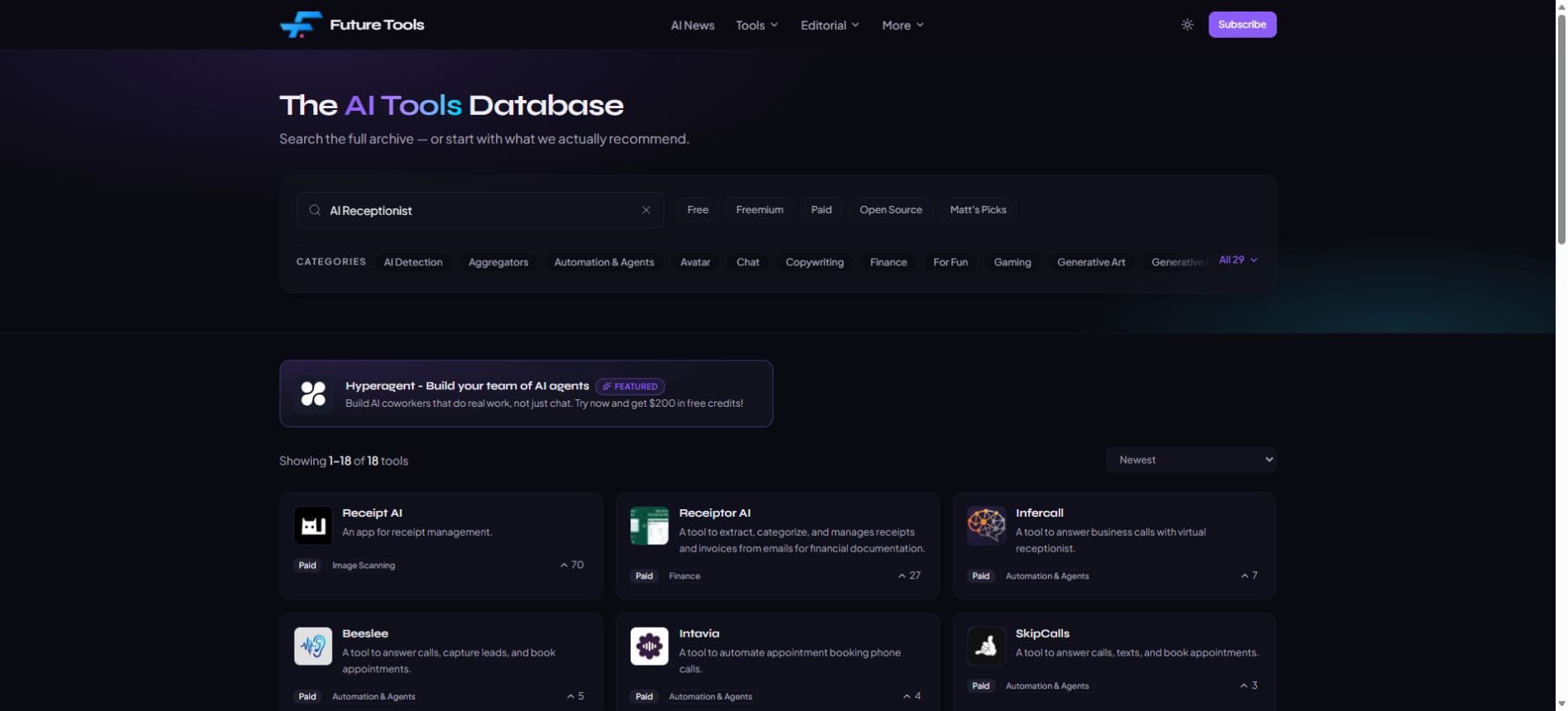 Future Tools search results without an exact AI Receptionist listing