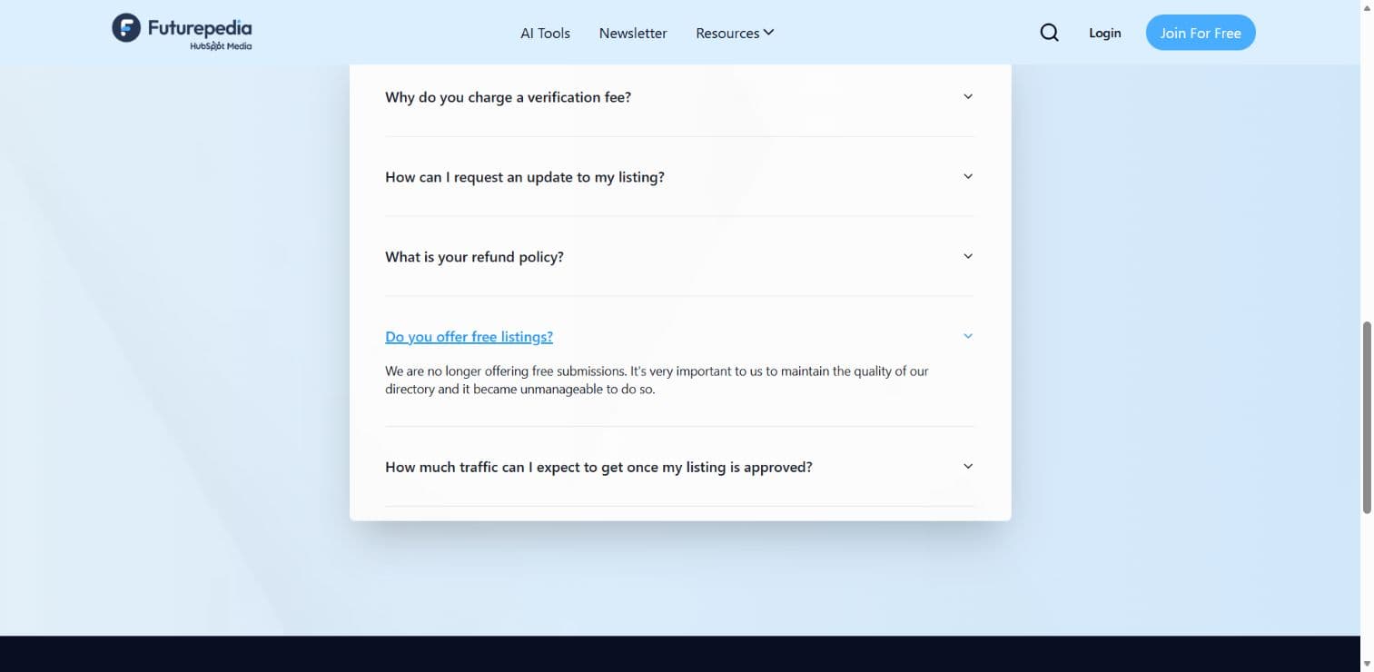 Futurepedia FAQ saying free submissions are no longer offered