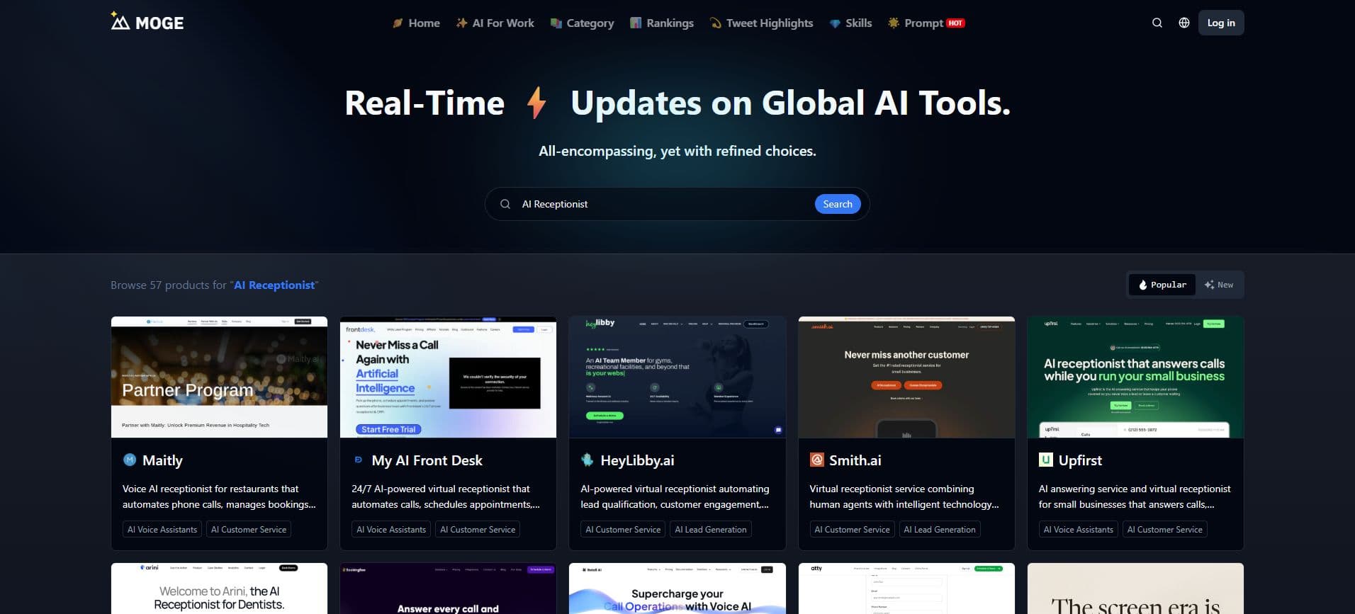 MOGE search results without an exact AI Receptionist listing
