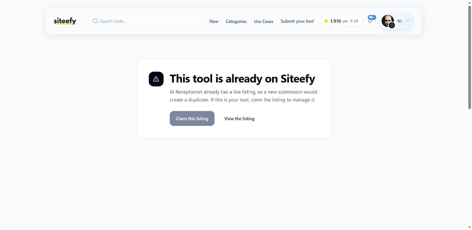 Siteefy duplicate-listing result for AI Receptionist
