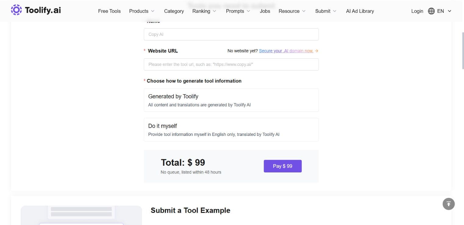 Toolify Submit AI form showing a 99 dollar total and payment button
