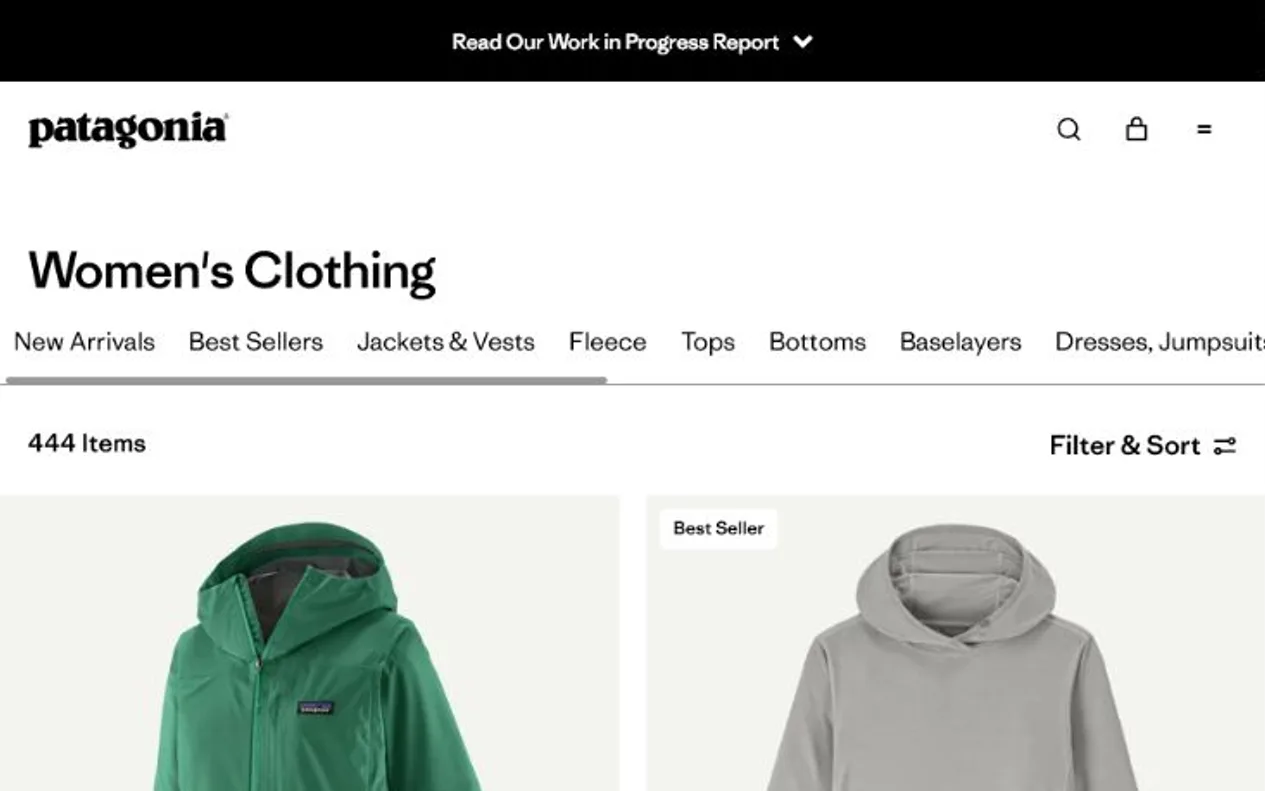 Patagonia ecommerce category page with clothing categories, item count, filtering and sorting controls, product photos, prices, and reviews