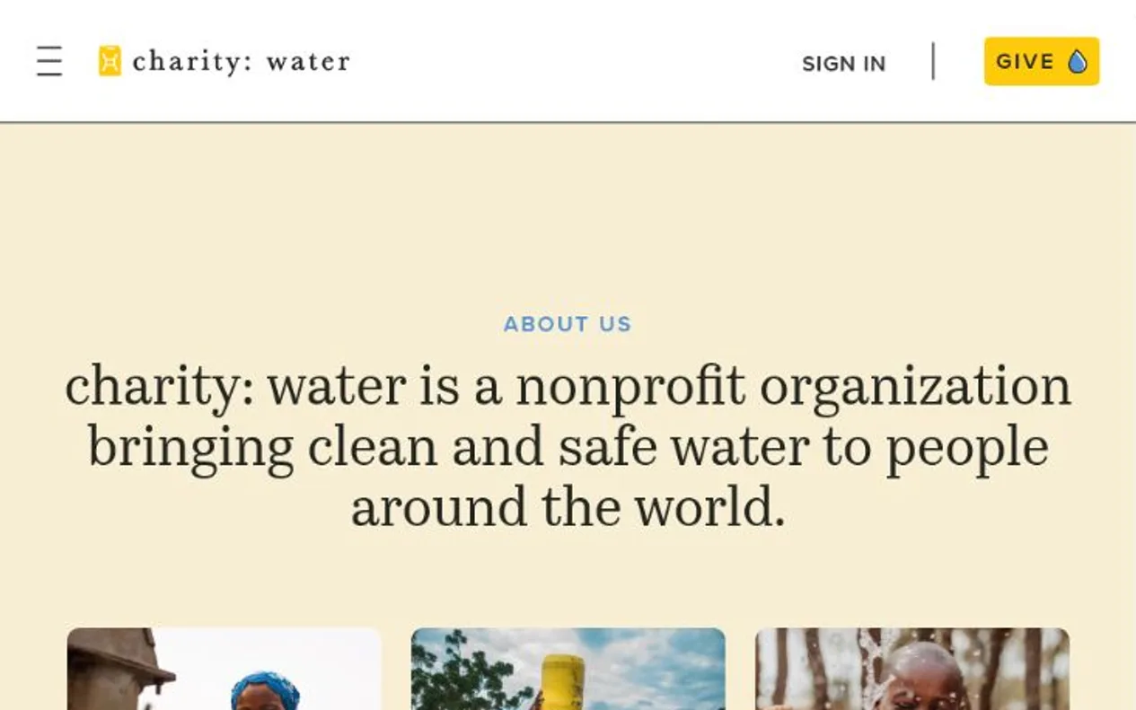 charity water nonprofit website explaining its clean water mission, project evidence, accountability, and ways to help