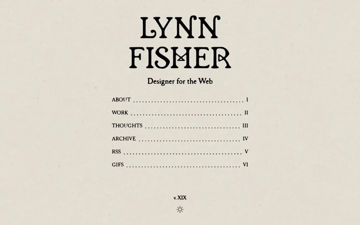 Lynn Fisher's portfolio homepage with her name, Designer for the Web description, and links to About, Work, Thoughts, Archive, RSS, and GIFs