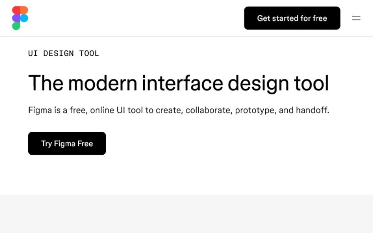 Figma product page describing its online interface design tool for creating, collaborating, prototyping, and handing off work
