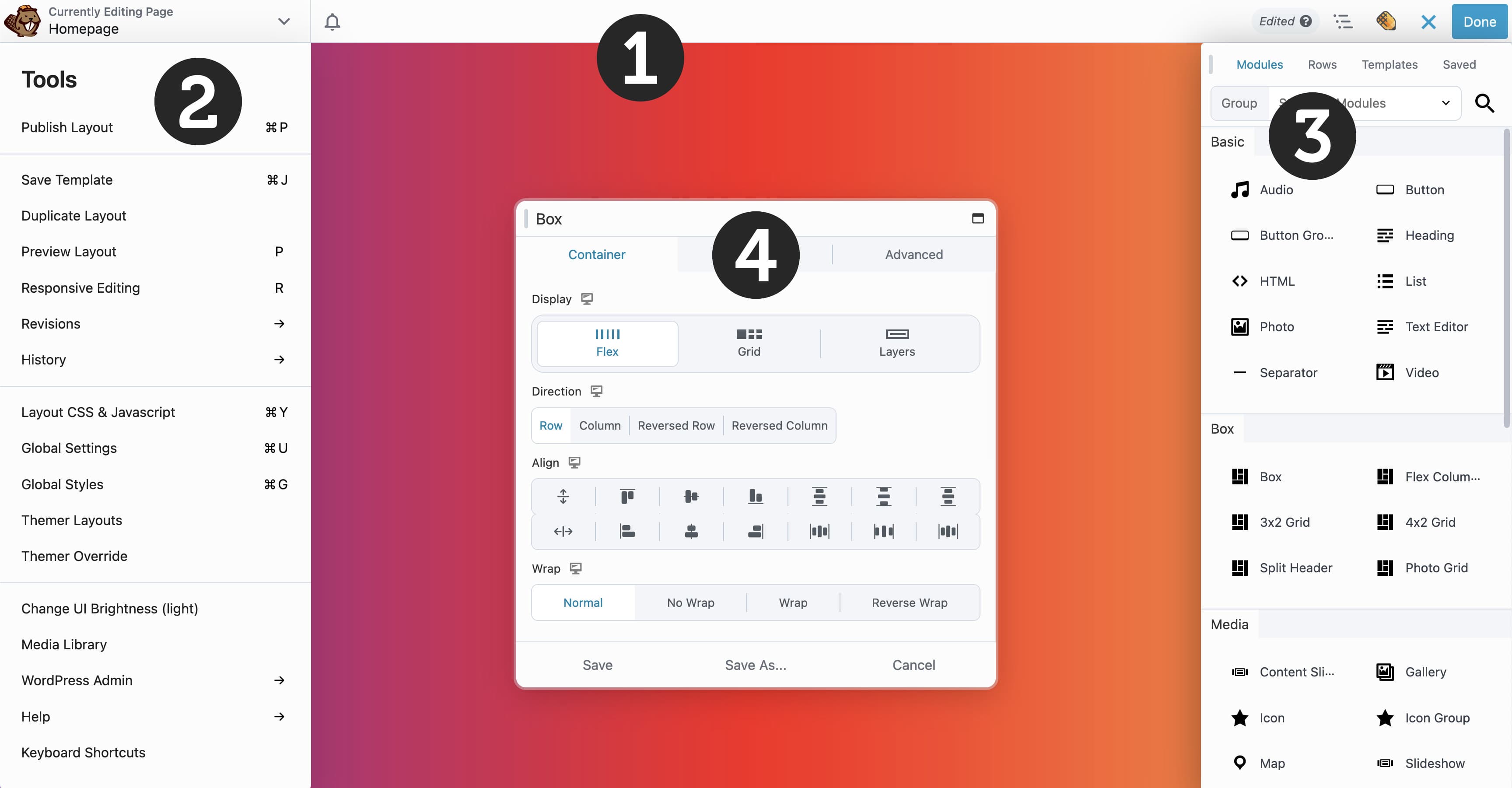 Beaver Builder interface with tools, content panel, and settings window