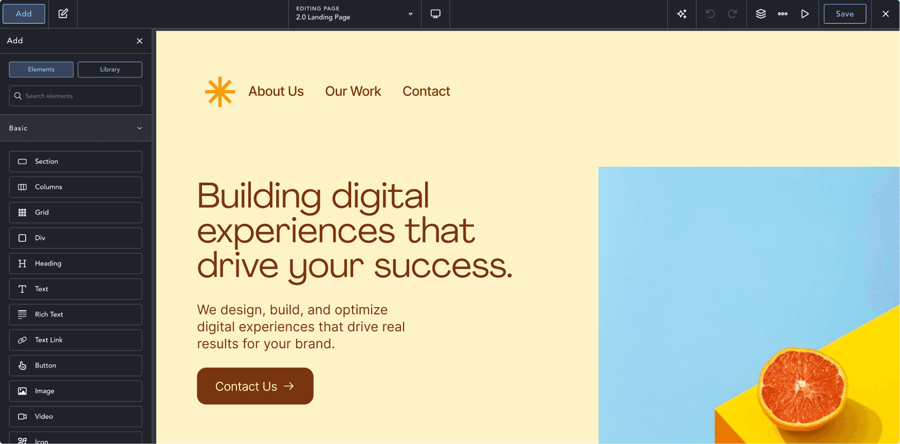 Breakdance builder showing its element library and live page canvas