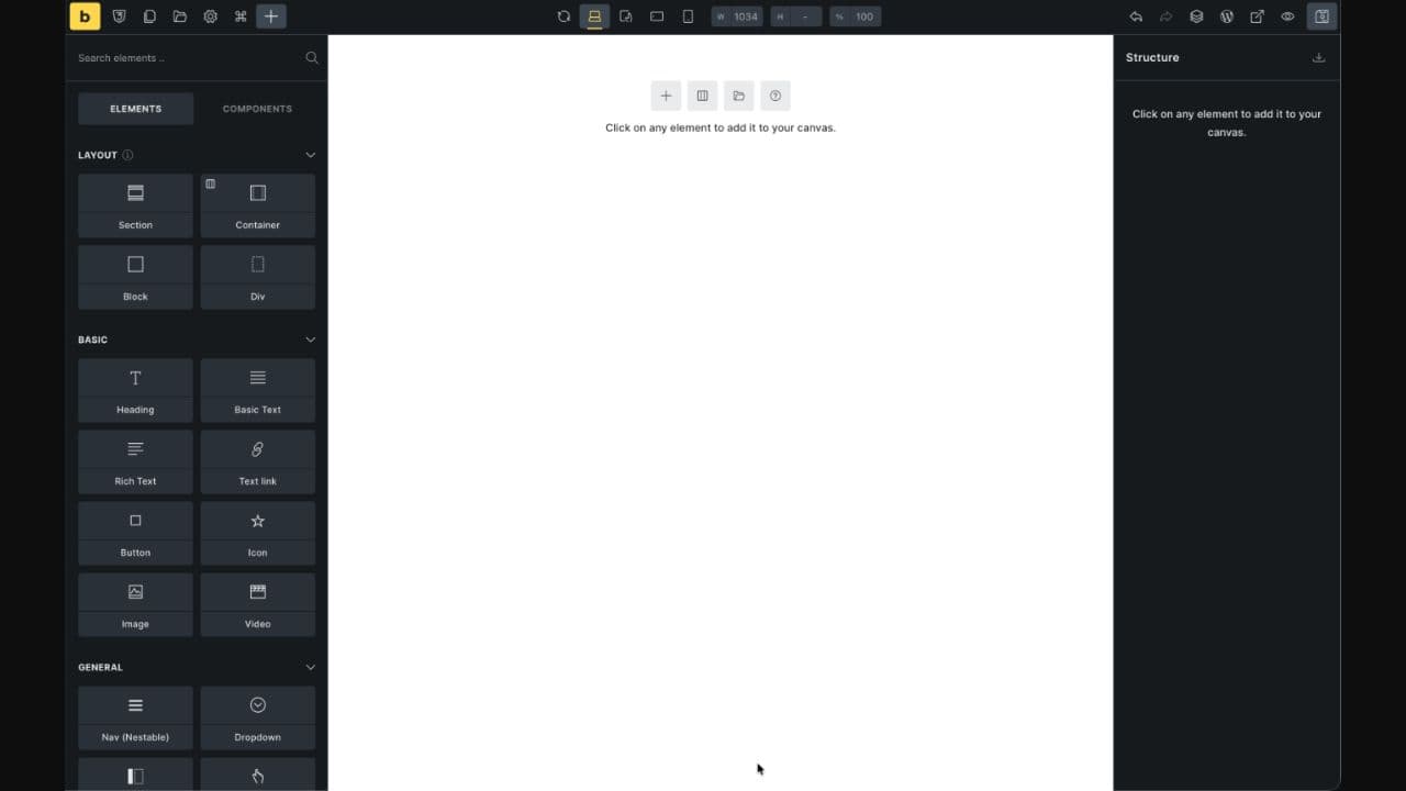 Bricks builder with the elements panel, blank canvas, and structure panel