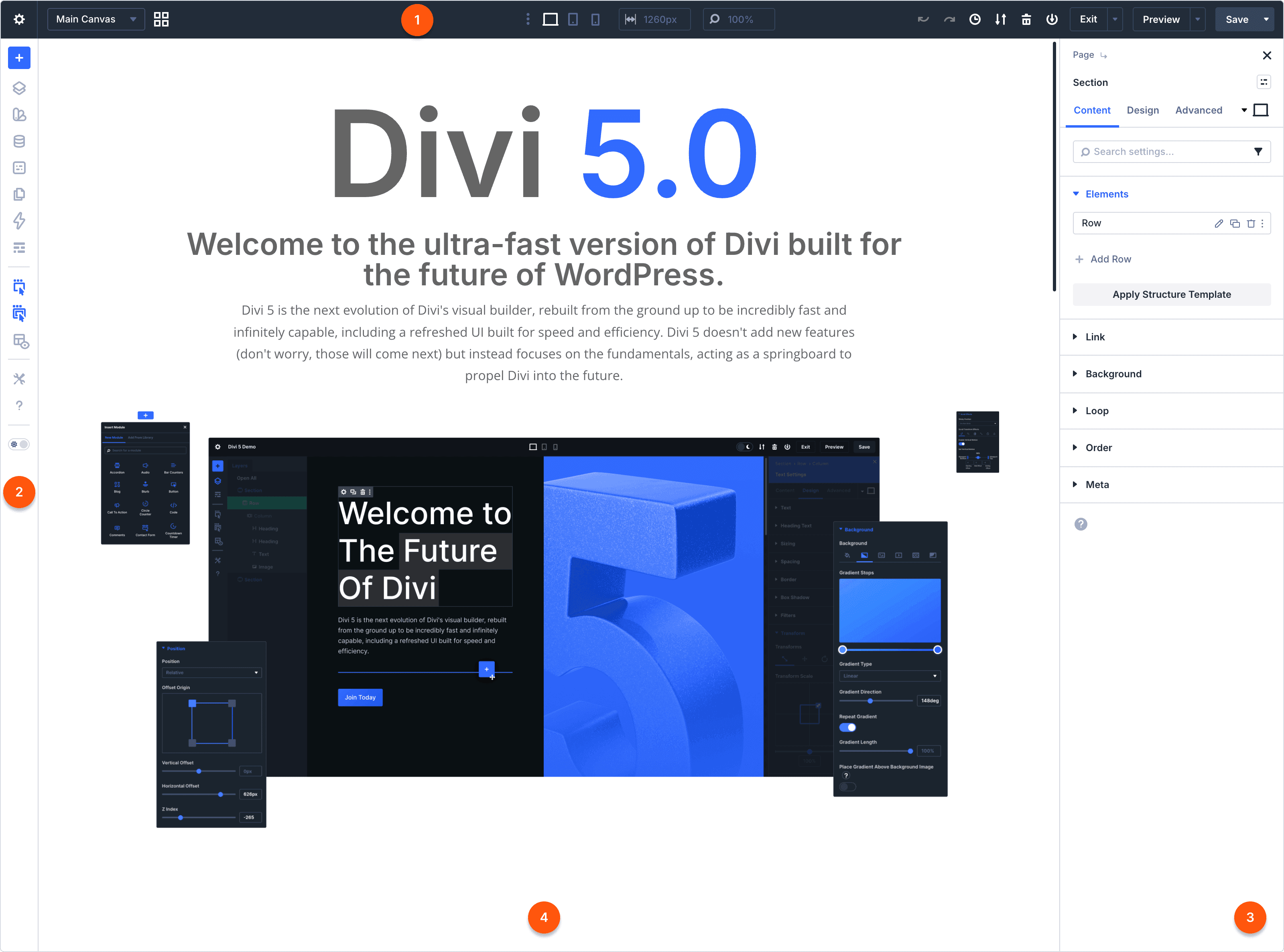 Divi 5 visual builder with its canvas, toolbars, and settings panel