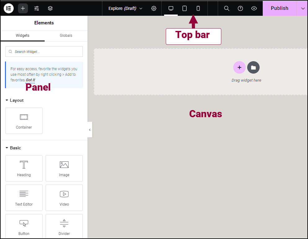 Elementor editor showing its top bar, element panel, and canvas