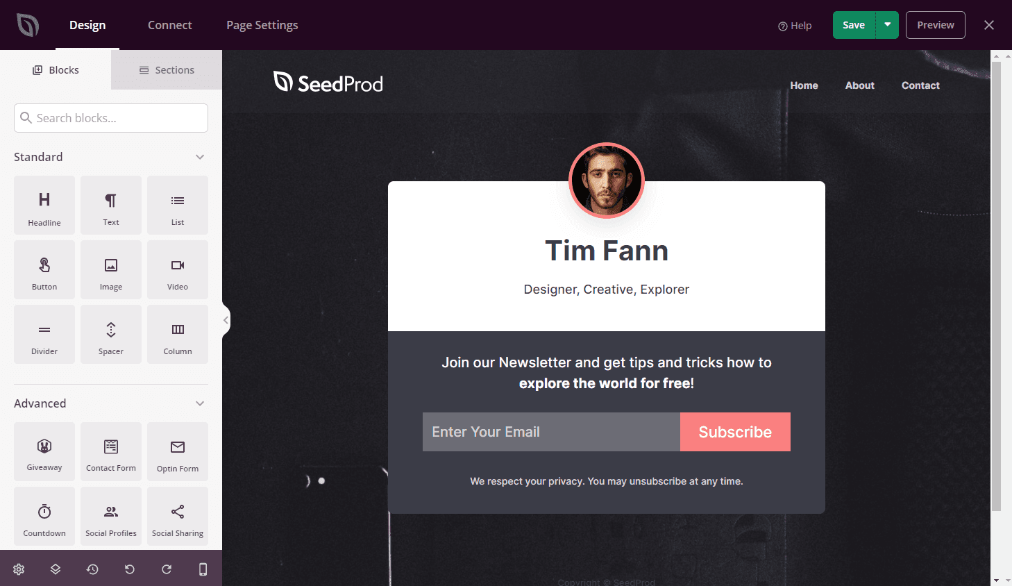 SeedProd drag-and-drop page builder with blocks and a live canvas