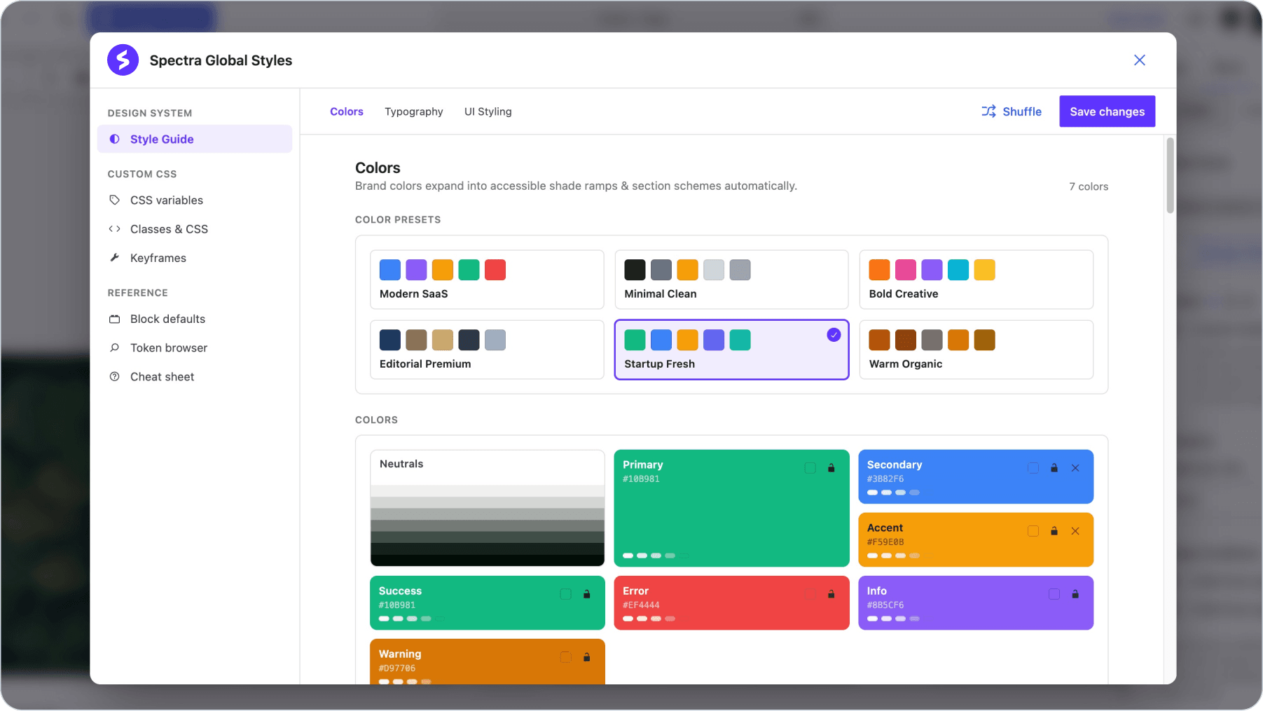 Spectra global styles controls inside the WordPress block editor