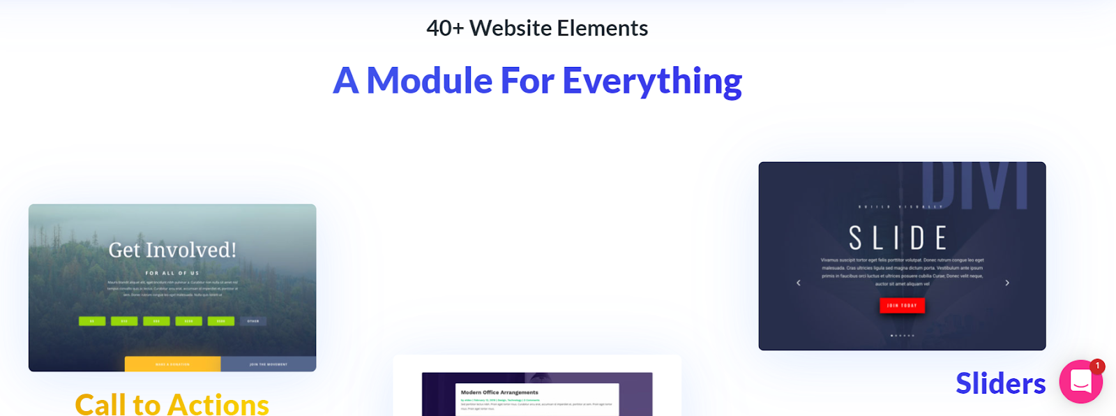 Divi Builder website elements section on its website