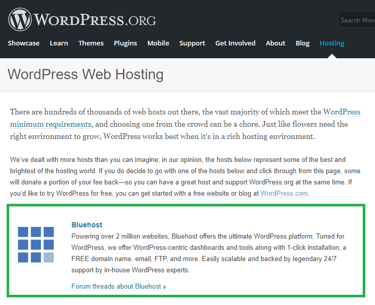 Creating Website From Scratch - Hosting Selection - WordPress Recommends Bluehost