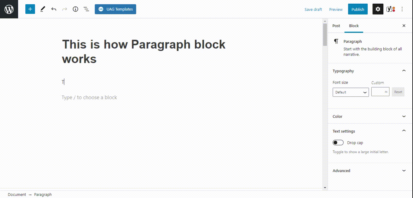 Using paragraph block in Gutenberg (WordPress)
