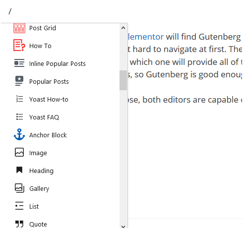 Type a slash command to see available blocks when comparing gutenberg vs elementor