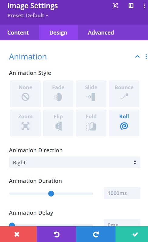 Animation settings in Divi
