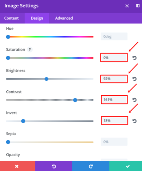 Image settings for filters