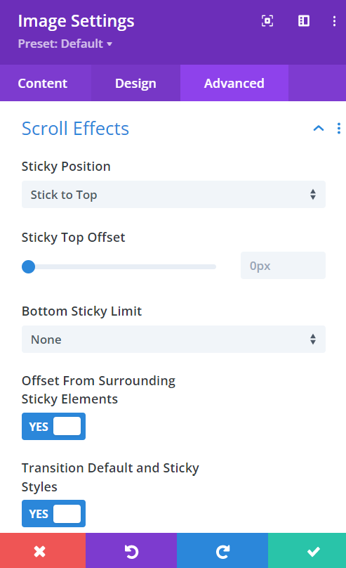 Scroll effects settings in Divi