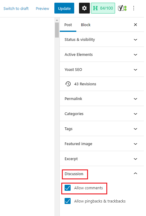 Discussion settings in WordPress post