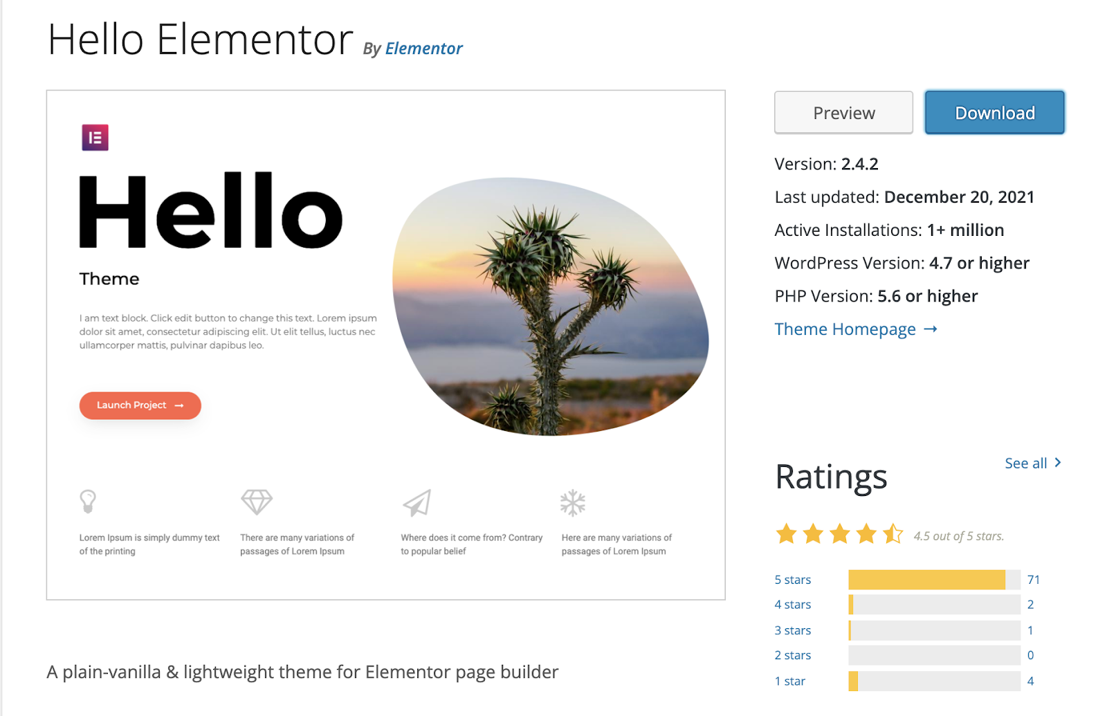Hello Elementor Theme download page in the WordPress plugins library
