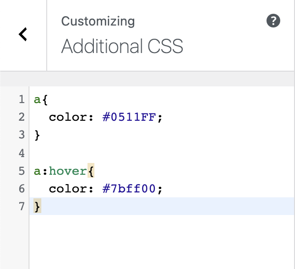 Adding color hex code #7bff00 to the website hover links in the WordPress additional CSS tool