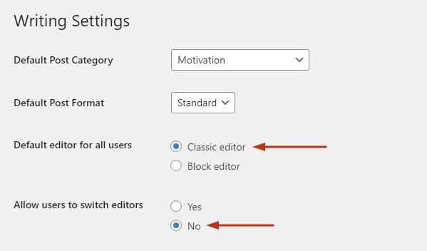 Classic editor plugin settings