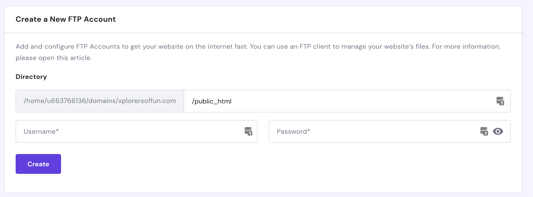 Hostinger Create a New FTP Account section
