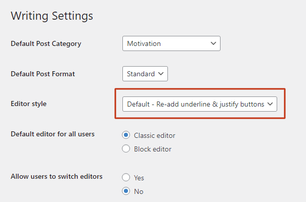 WordPress editor style settings