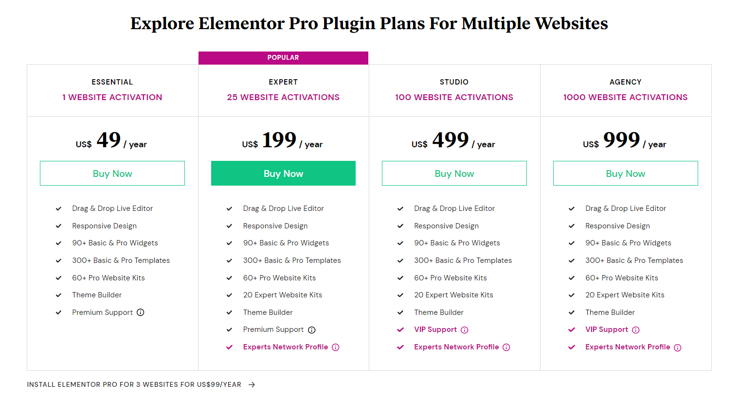 Elementor pricing plans February 2022