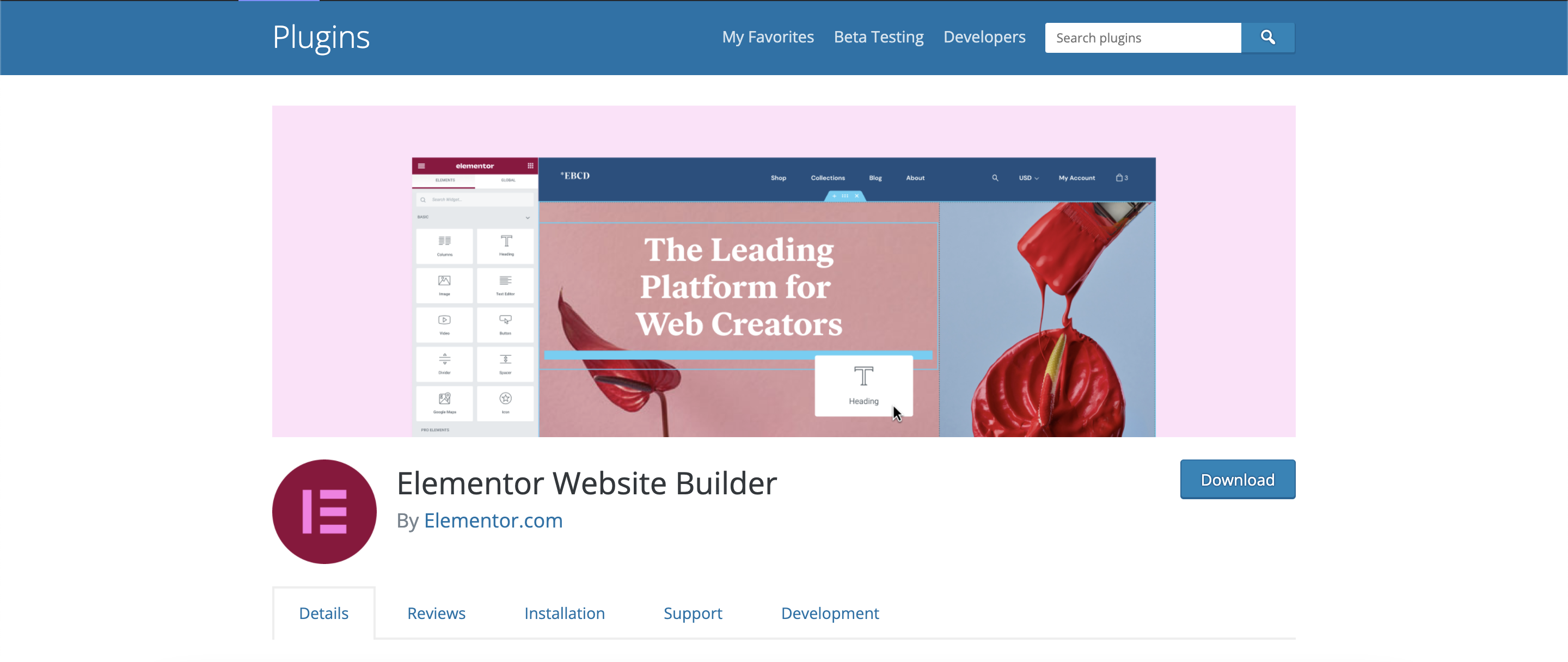 Elementor website builder plugin in the WordPress plugins library