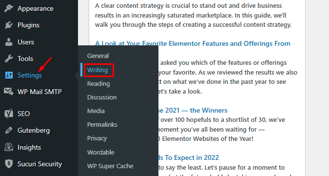 WordPress writing settings