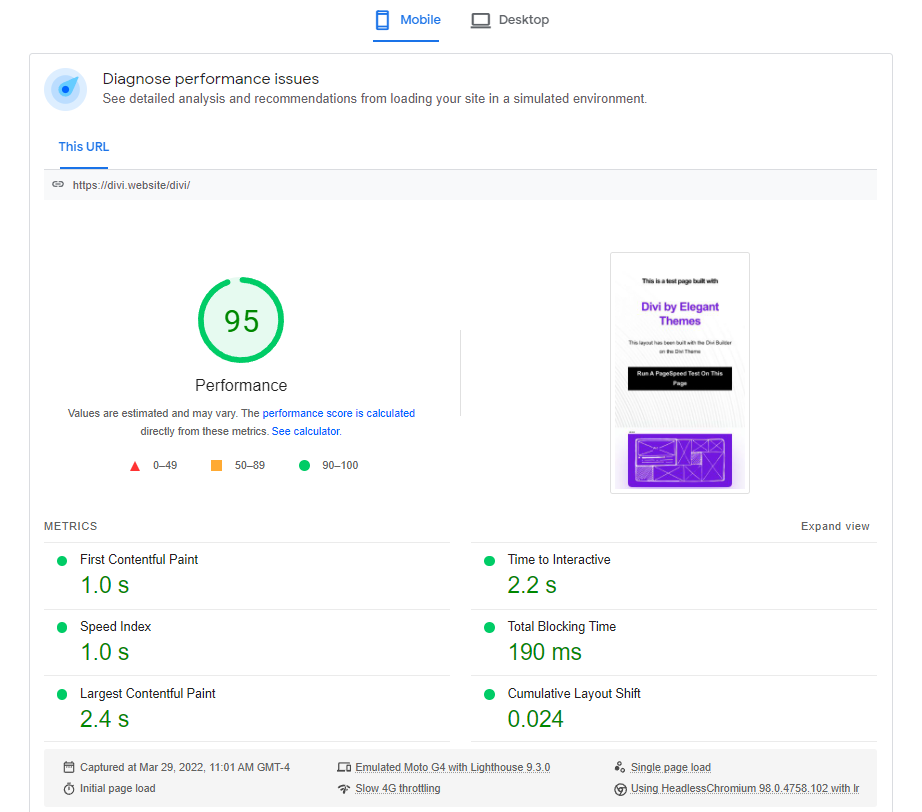 Divi demo landing page performance stats by google page speed insights