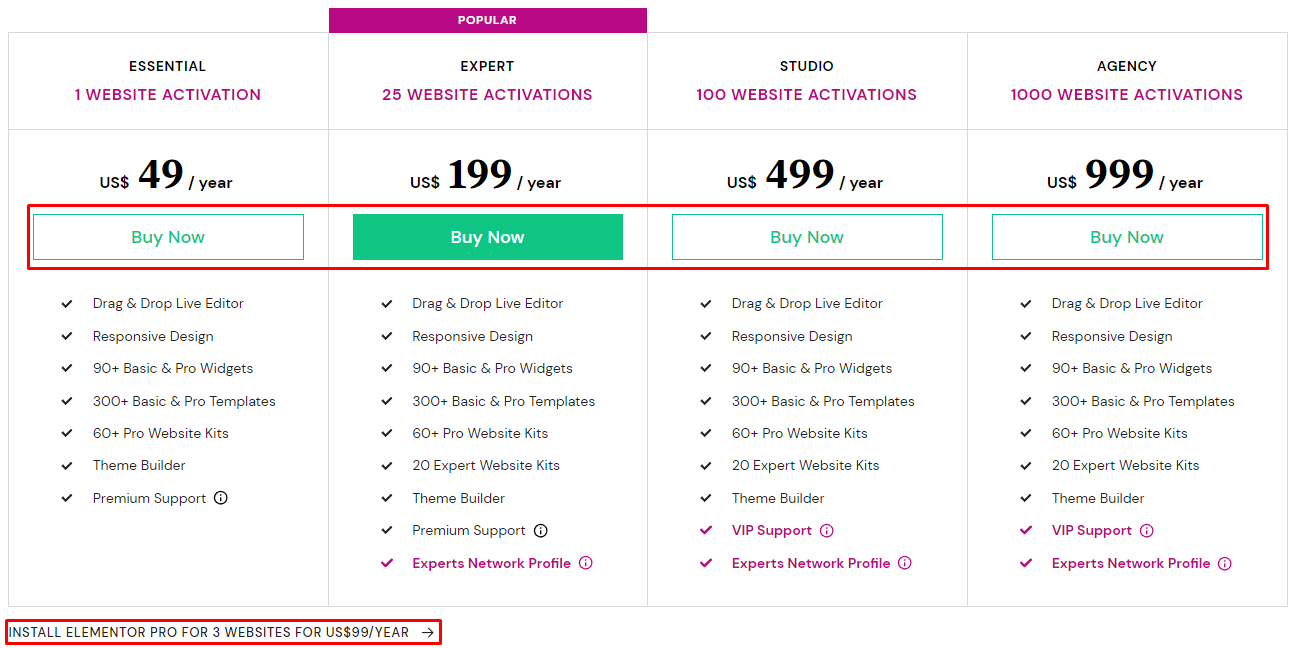 Elementor pricing plans with buttons highlighted