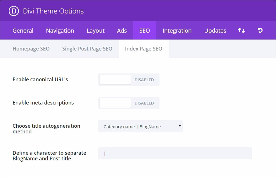 divi index page seo settings