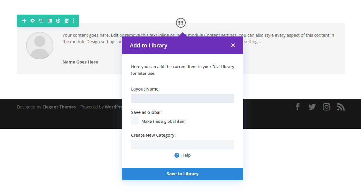 Divi add to library module settings