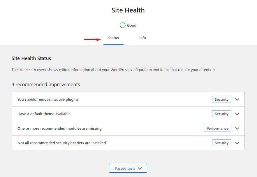 divi site health status tab