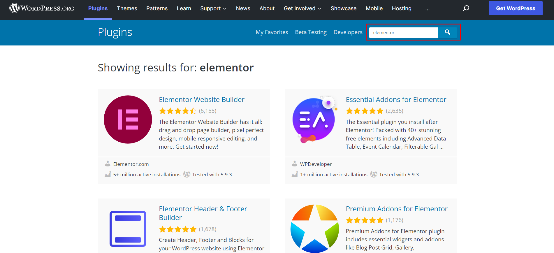Elementor Addons in WordPress plugins library