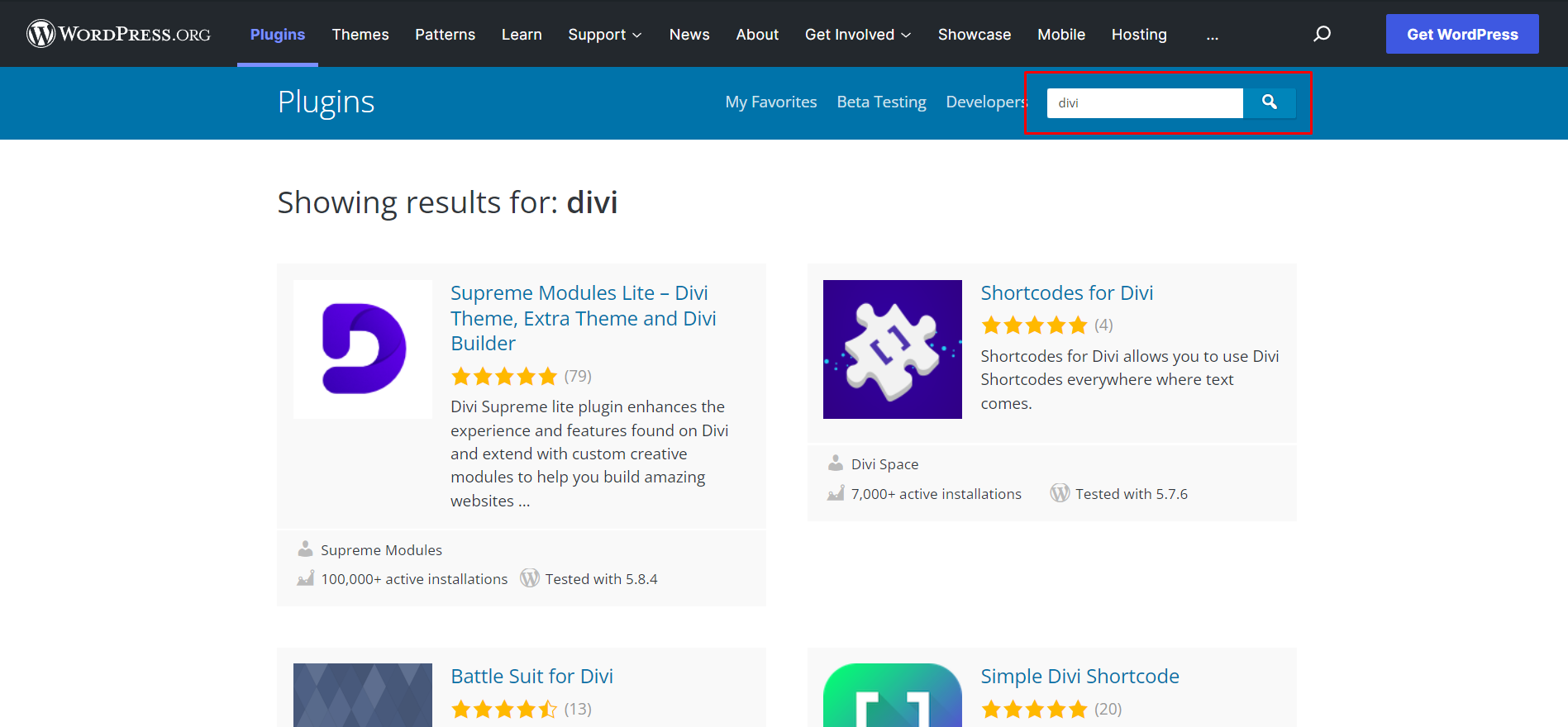 Divi extensions in the wordpress library