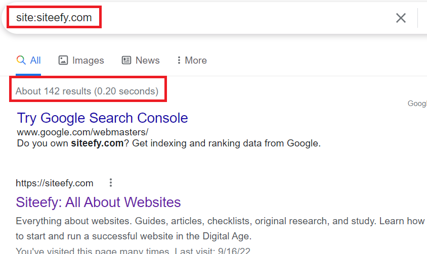 Checking Siteefy's page numbers with Google Search Query